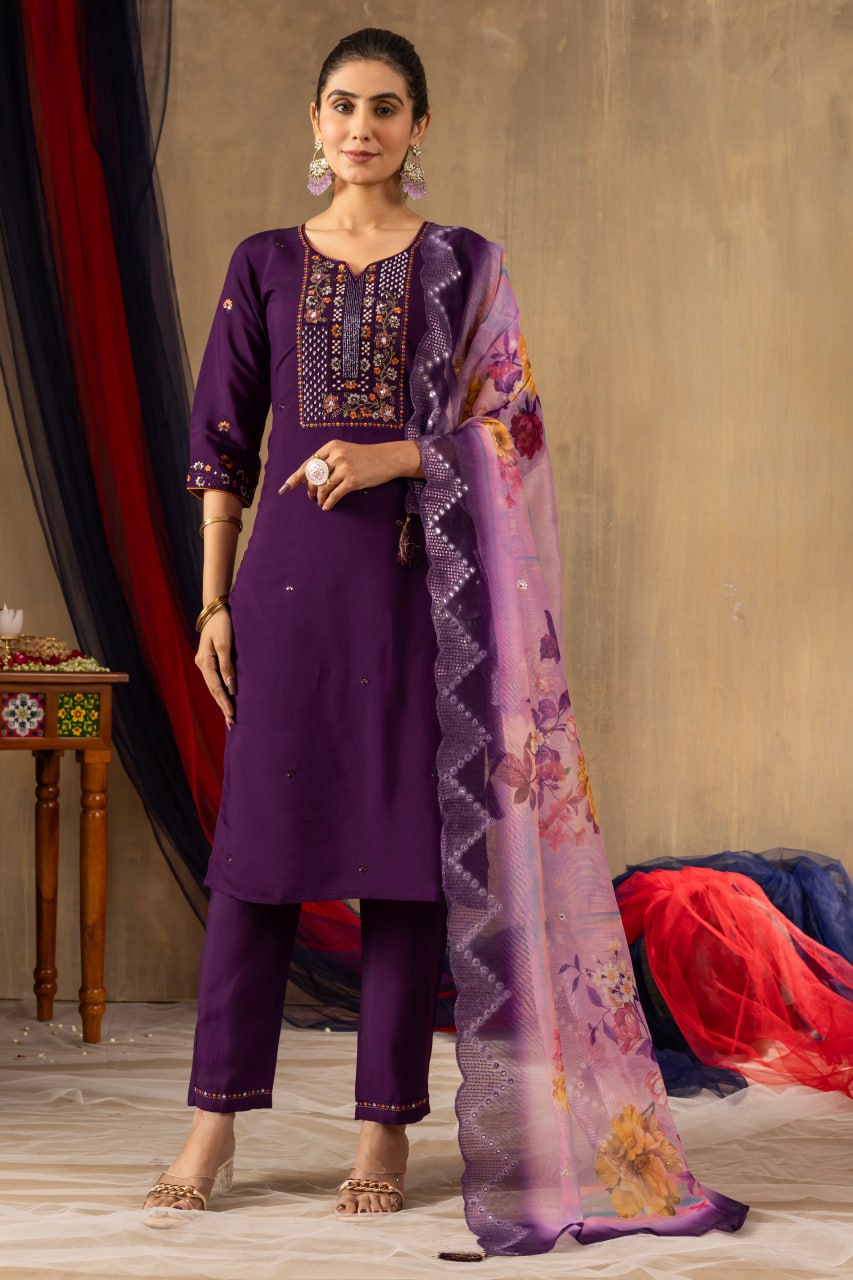 Women's Teal Embroidered Straight Kurta Pant Set with Floral Organza Dupatta