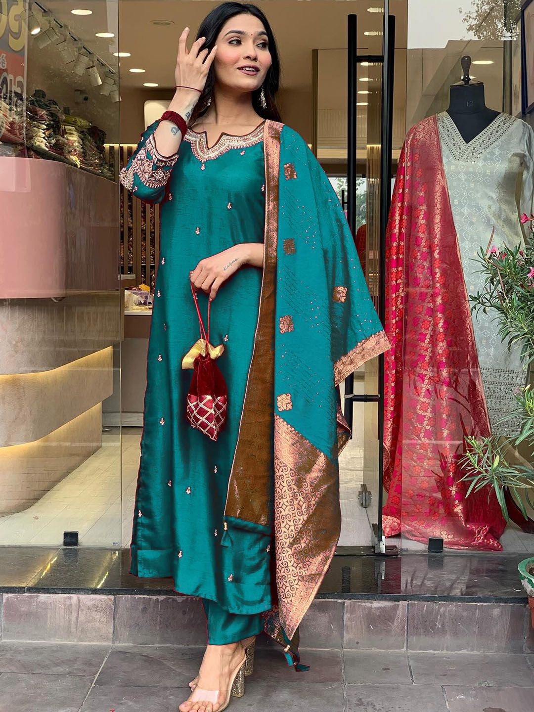 ILARAA Women's Embroidered PV Chanderi Roman Silk Kurta Pant Set with Jacquard Dupatta | Premium Ethnic Wear