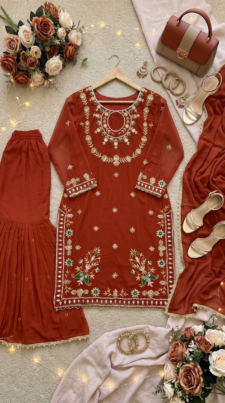Embroidered Kurta Sharara Set with Dupatta | Women’s 3 Piece Ethnic Wear Set