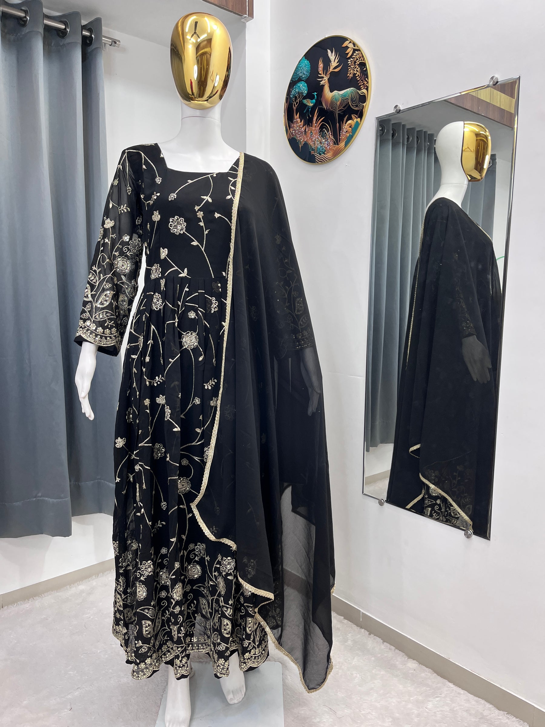 Black Designer Embroidered Anarkali Gown with Dupatta | Festive Wear