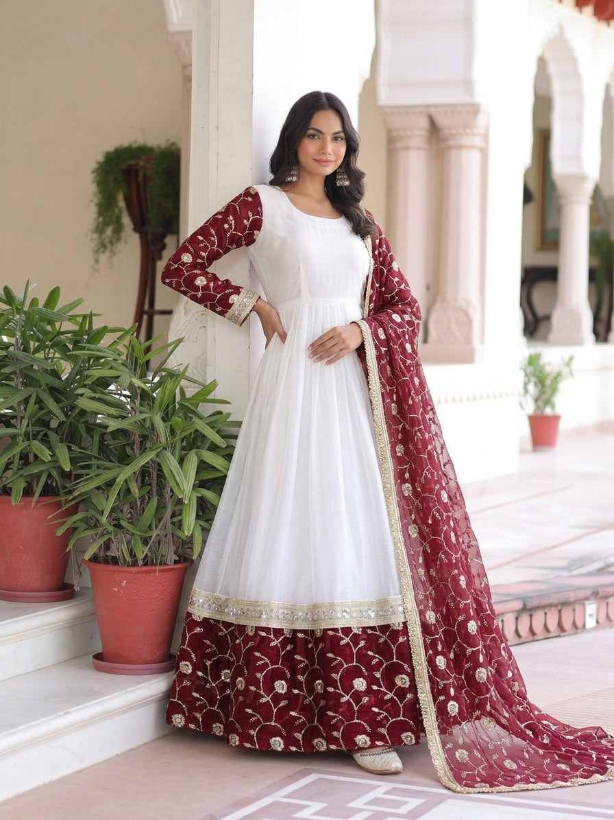 Designer Maroon & White Embroidered 3 Piece Anarkali Suit Set with Dupatta