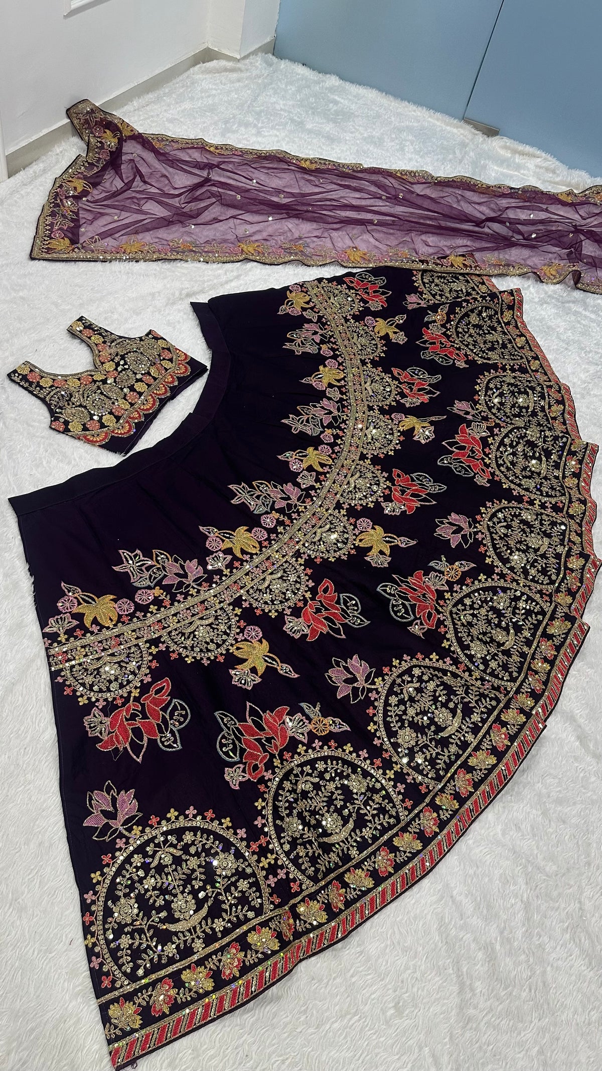 Royal Purple Embroidered Bridal Lehenga Set with Designer Blouse & Dupatta