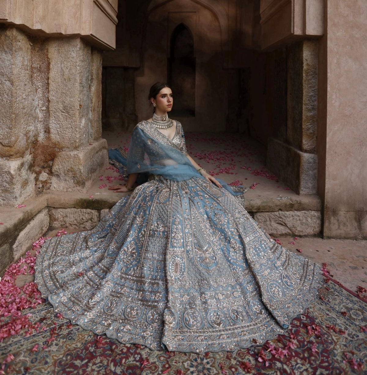 Pastel Blue Embroidered Designer Lehenga Choli with Dupatta – Heavy Silver Work