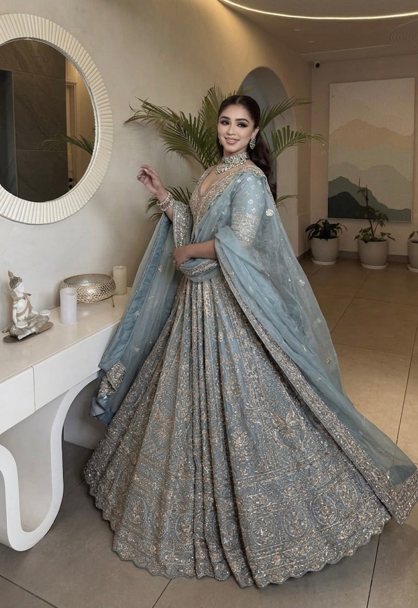 Pastel Blue Embroidered Designer Lehenga Choli with Dupatta – Heavy Silver Work