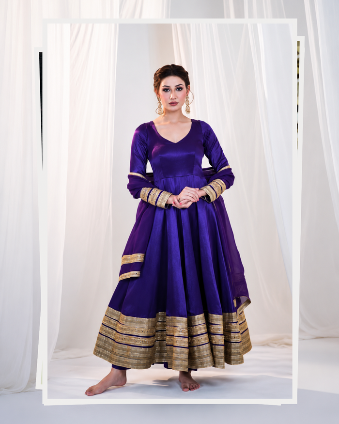 Purple Designer Anarkali Gown Dress with Golden Border Work | Ethnic Party Wear