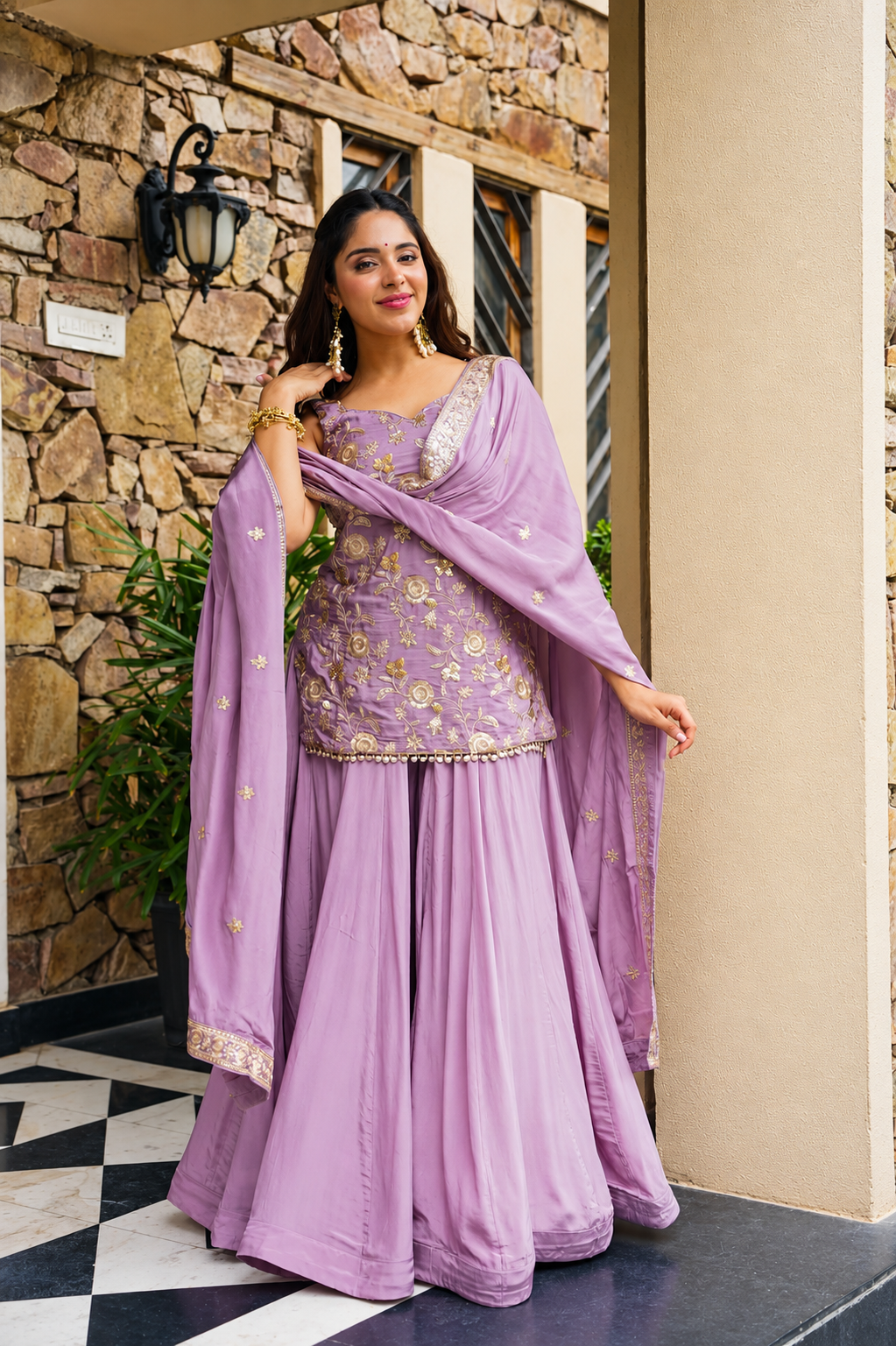 Lavender Embroidered Peplum Sharara Set with Dupatta