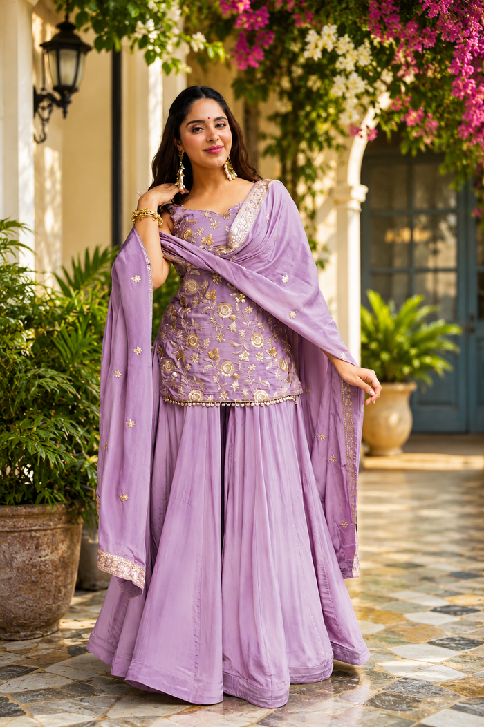 Lavender Embroidered Peplum Sharara Set with Dupatta