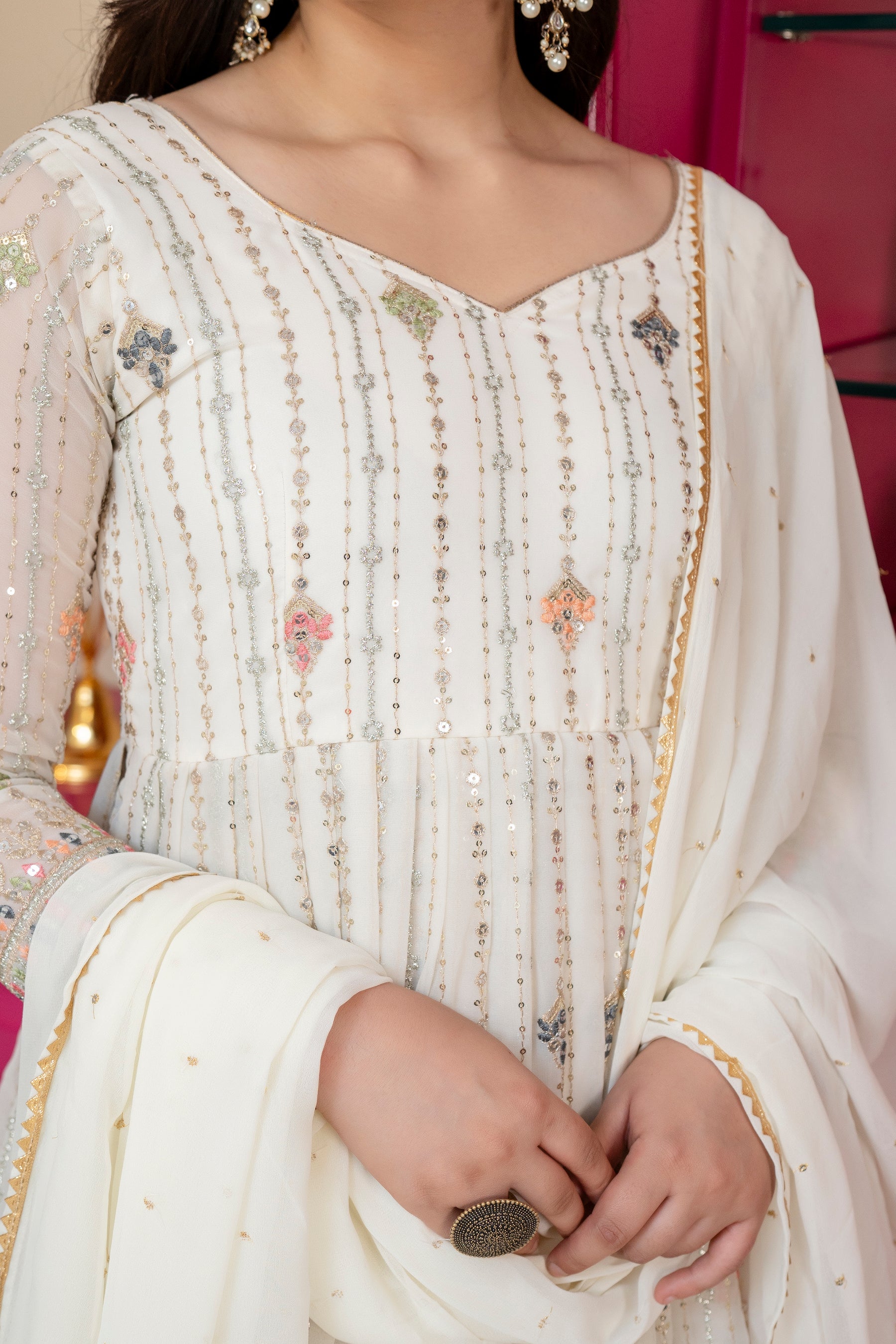 Elegant Ivory Embroidered Anarkali Suit Set with Dupatta
