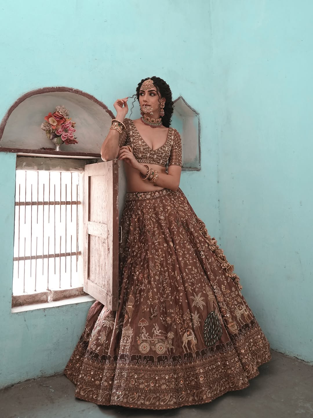 Women’s Designer Embroidered Bridal Lehenga Choli Set with Dupatta – Dusty Rose & Maroon