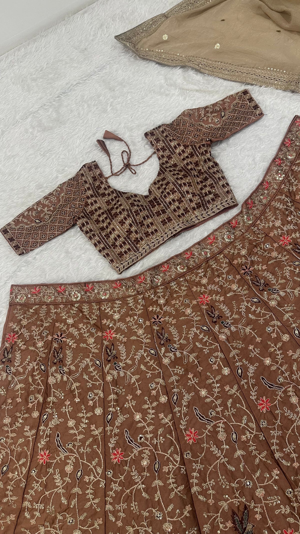 Women’s Designer Embroidered Bridal Lehenga Choli Set with Dupatta – Dusty Rose & Maroon