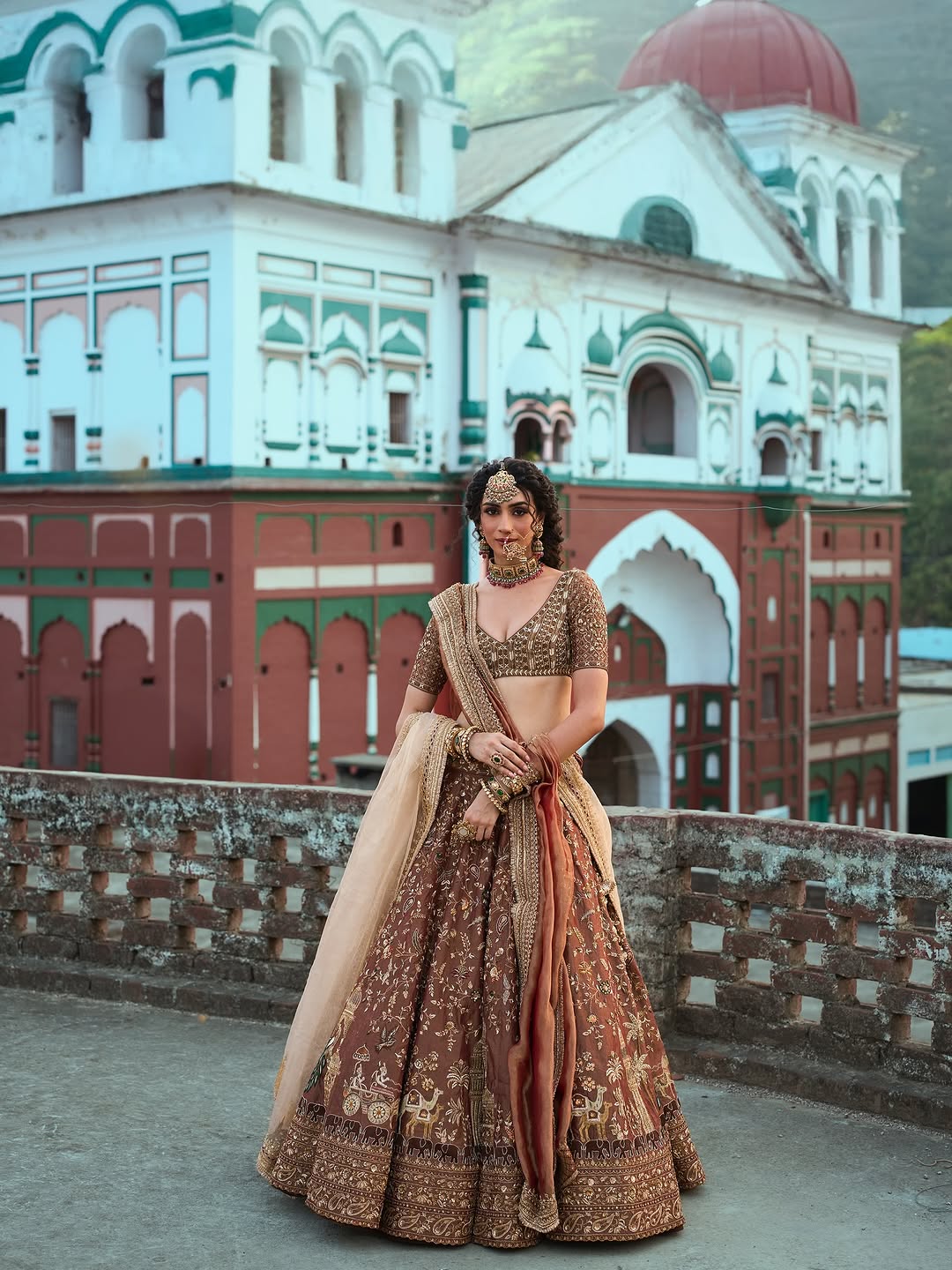 Women’s Designer Embroidered Bridal Lehenga Choli Set with Dupatta – Dusty Rose & Maroon