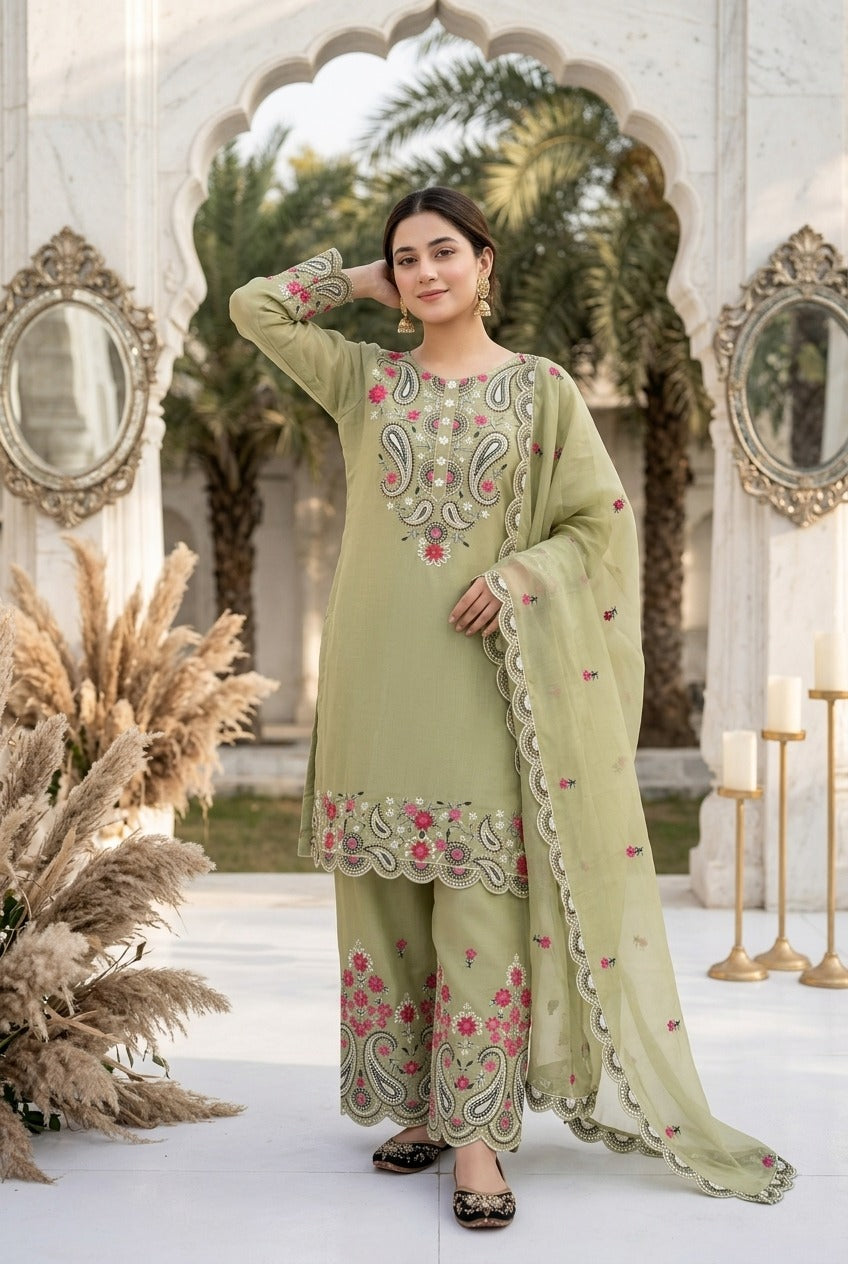 Elegant Embroidered 3 Piece Pakistani Suit Set | Kurti Pant & Dupatta