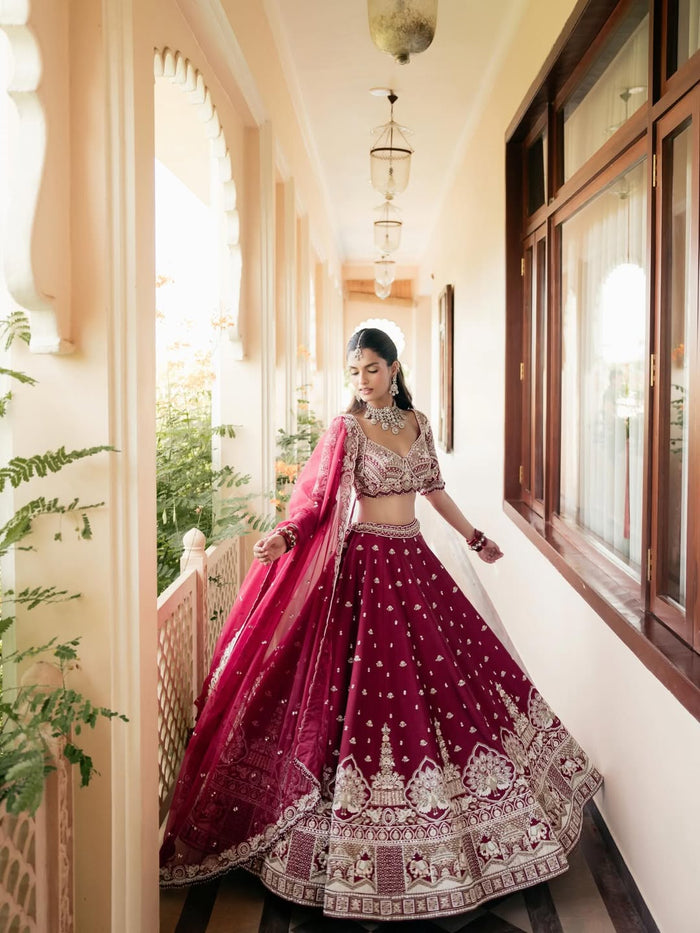 Wine Maroon Embroidered Designer Lehenga Choli with Dupatta – Traditional Wedding Wear