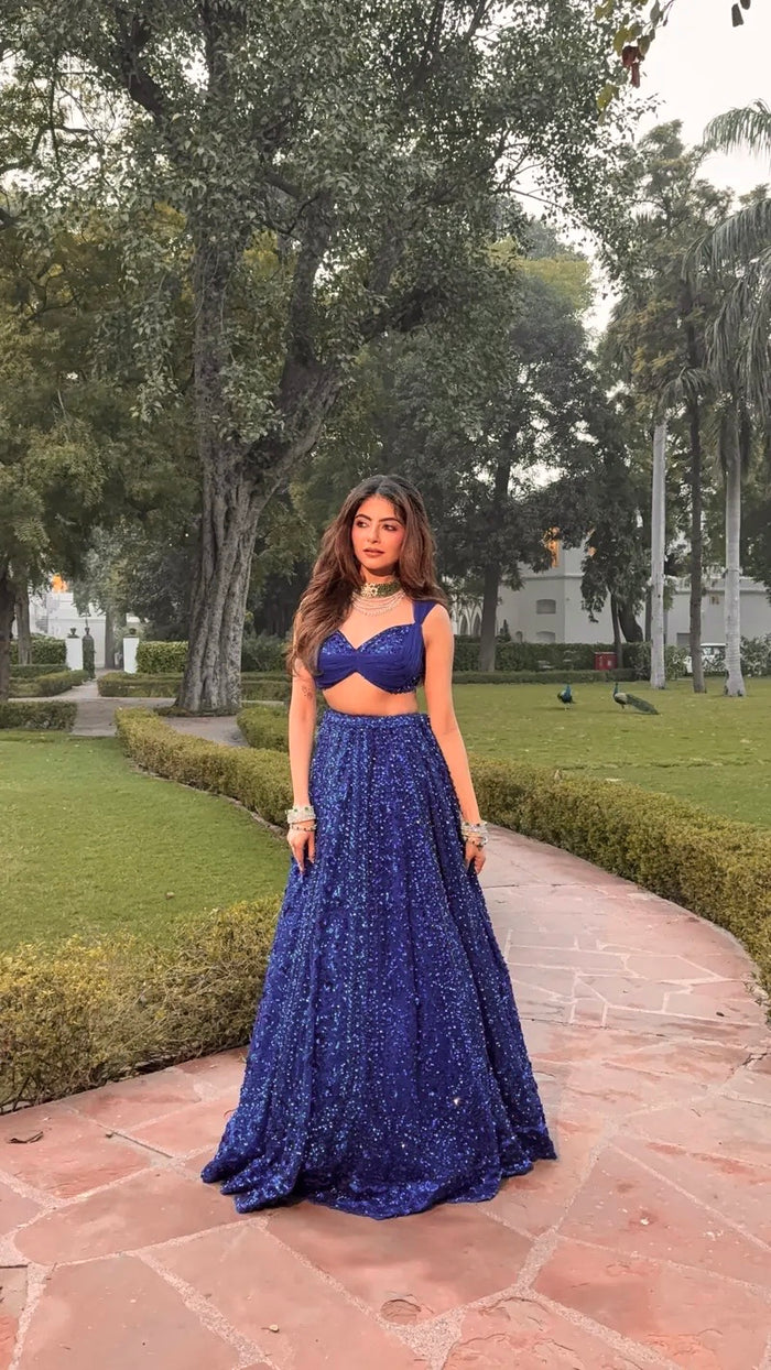 Women’s Royal Blue Sequined Lehenga Choli Set with Embellished Blouse & Flared Skirt