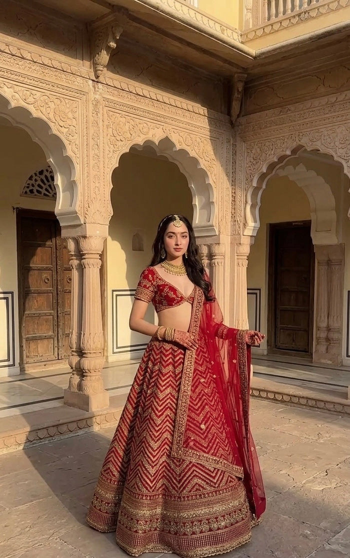 Bridal Red Embroidered Lehenga Choli with Dupatta – Traditional Wedding Wear