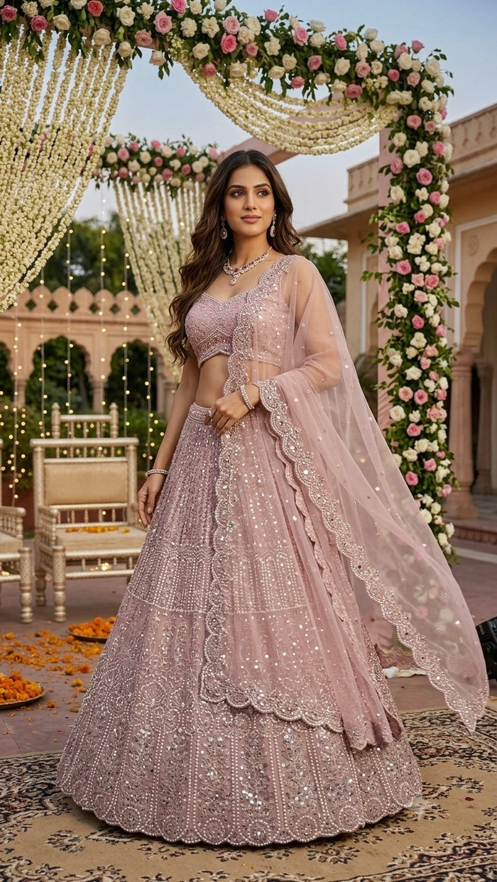 Women’s Premium Blush Pink Sequin Embroidered Lehenga Choli with Designer Dupatta