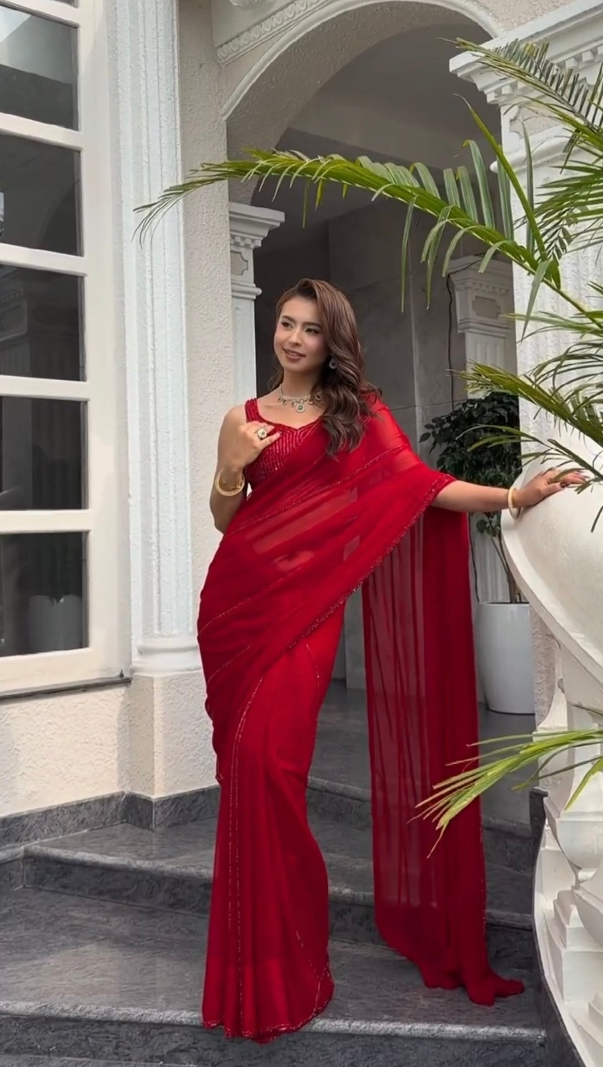 Women’s Red Embellished Saree with Matching Strappy Blouse – Party & Festive Wear