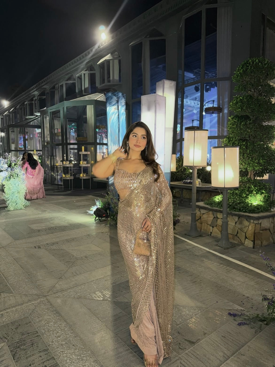 Sequins Embellished Georgette Saree with Designer Blouse – Champagne Gold