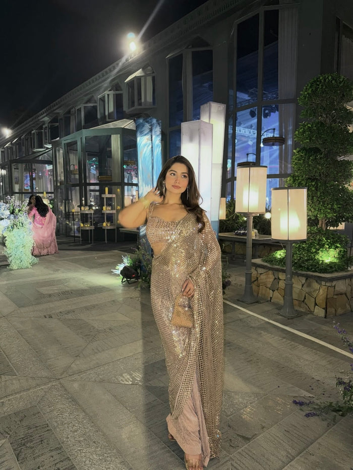 Sequins Embellished Georgette Saree with Designer Blouse – Champagne Gold