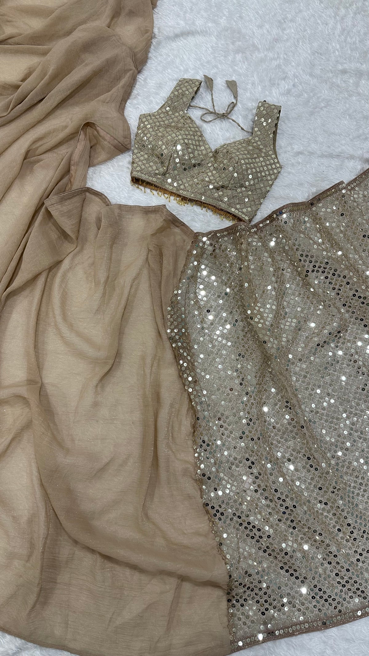 Sequins Embellished Georgette Saree with Designer Blouse – Champagne Gold