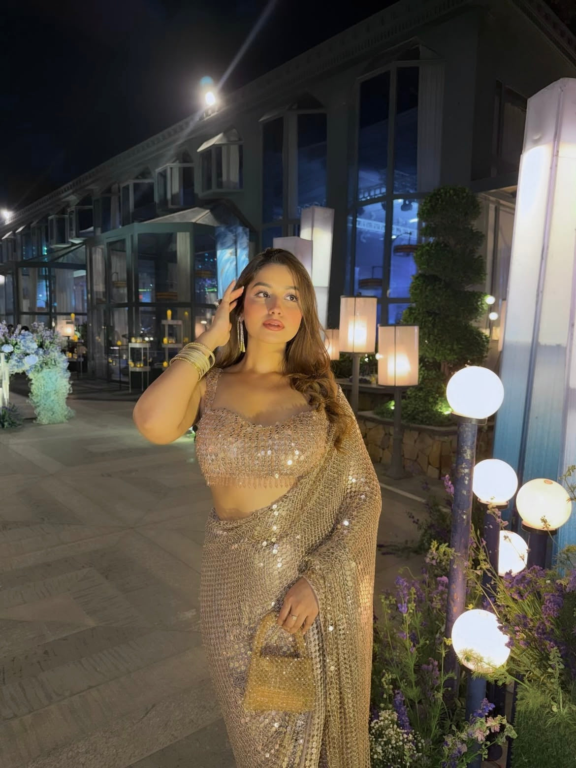 Sequins Embellished Georgette Saree with Designer Blouse – Champagne Gold
