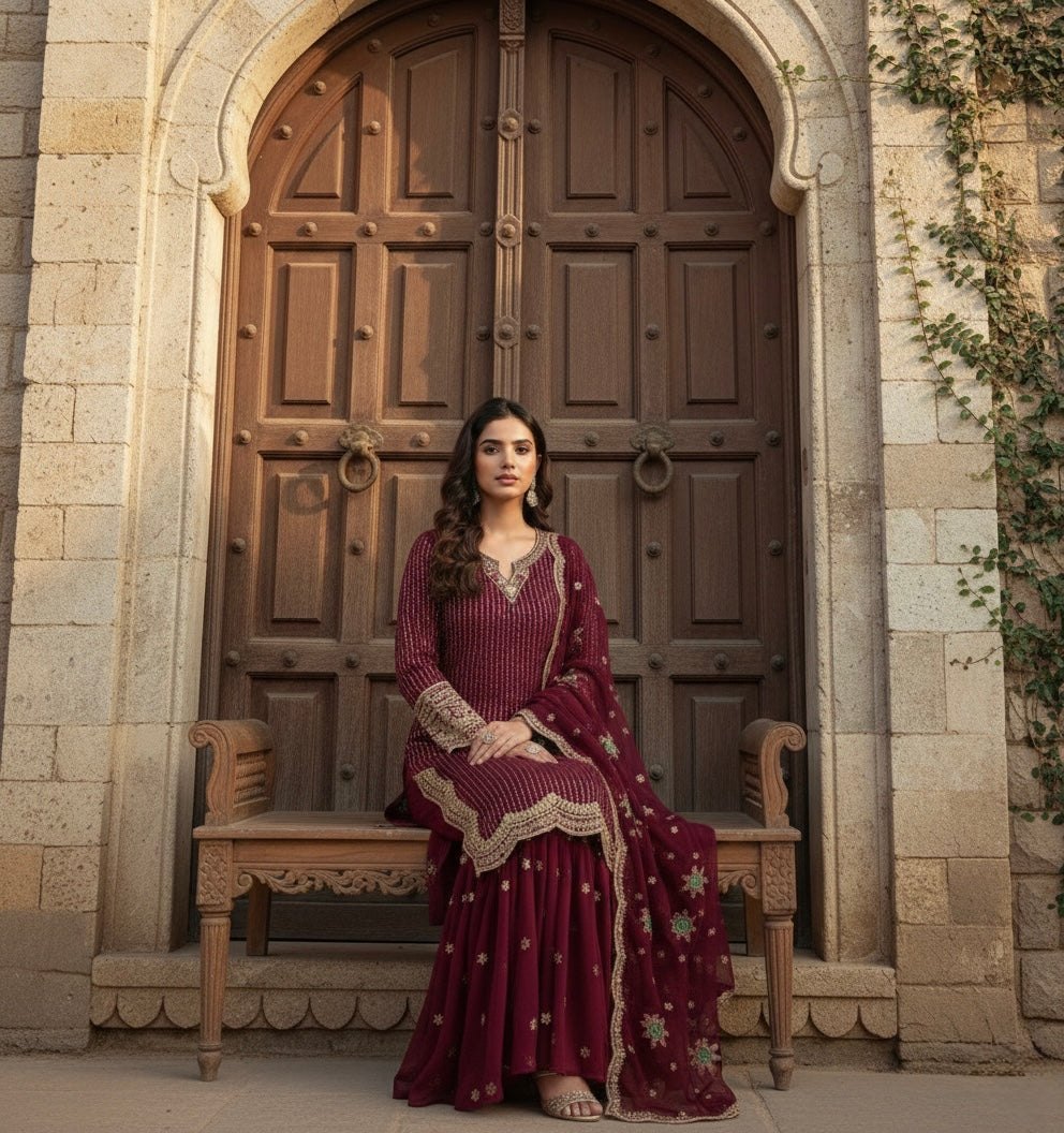 Elegant Navy Blue Embroidered Sharara Suit with Floral Dupatta for Women | Party & Wedding Wear