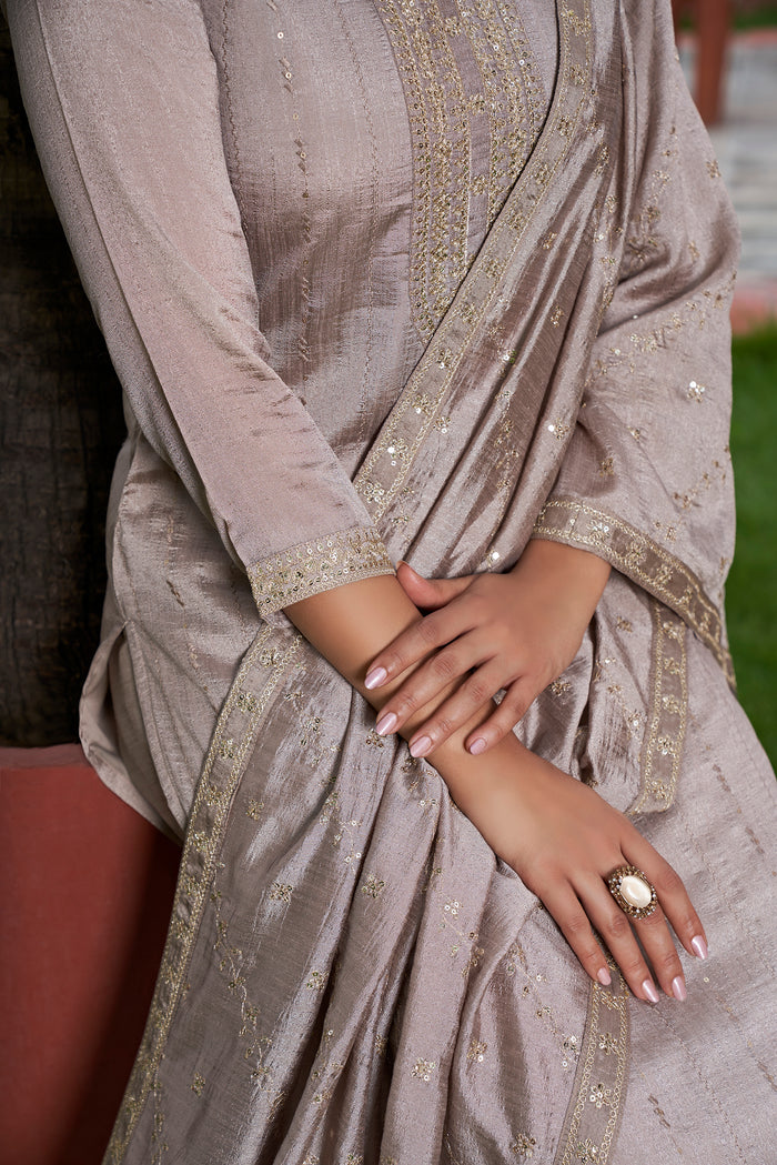 Elegant Beige Embroidered Kurta Pant Dupatta Set for Women