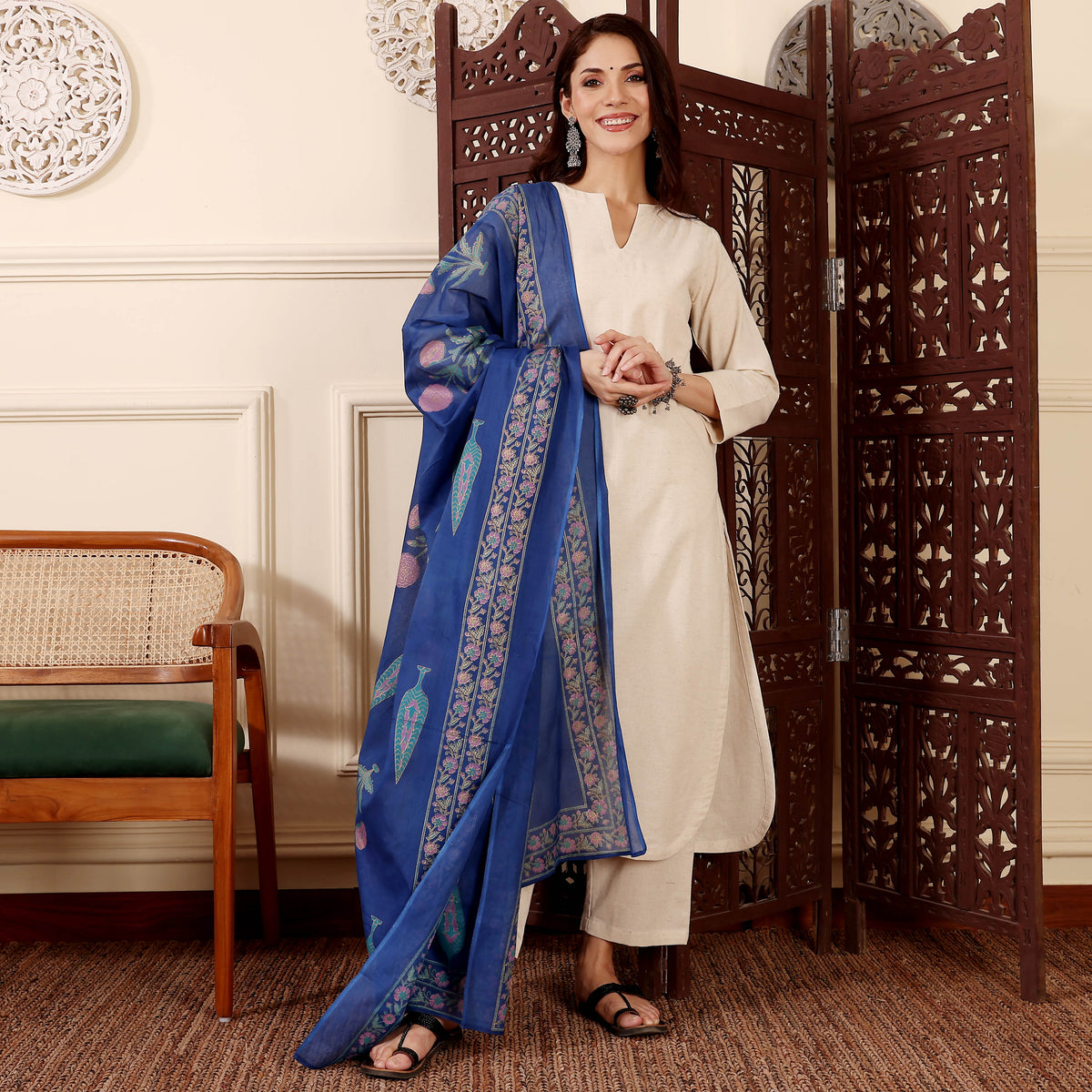 Elegant Cream Straight Kurta with Blue Floral Embroidered Dupatta | Ethnic Wear Set