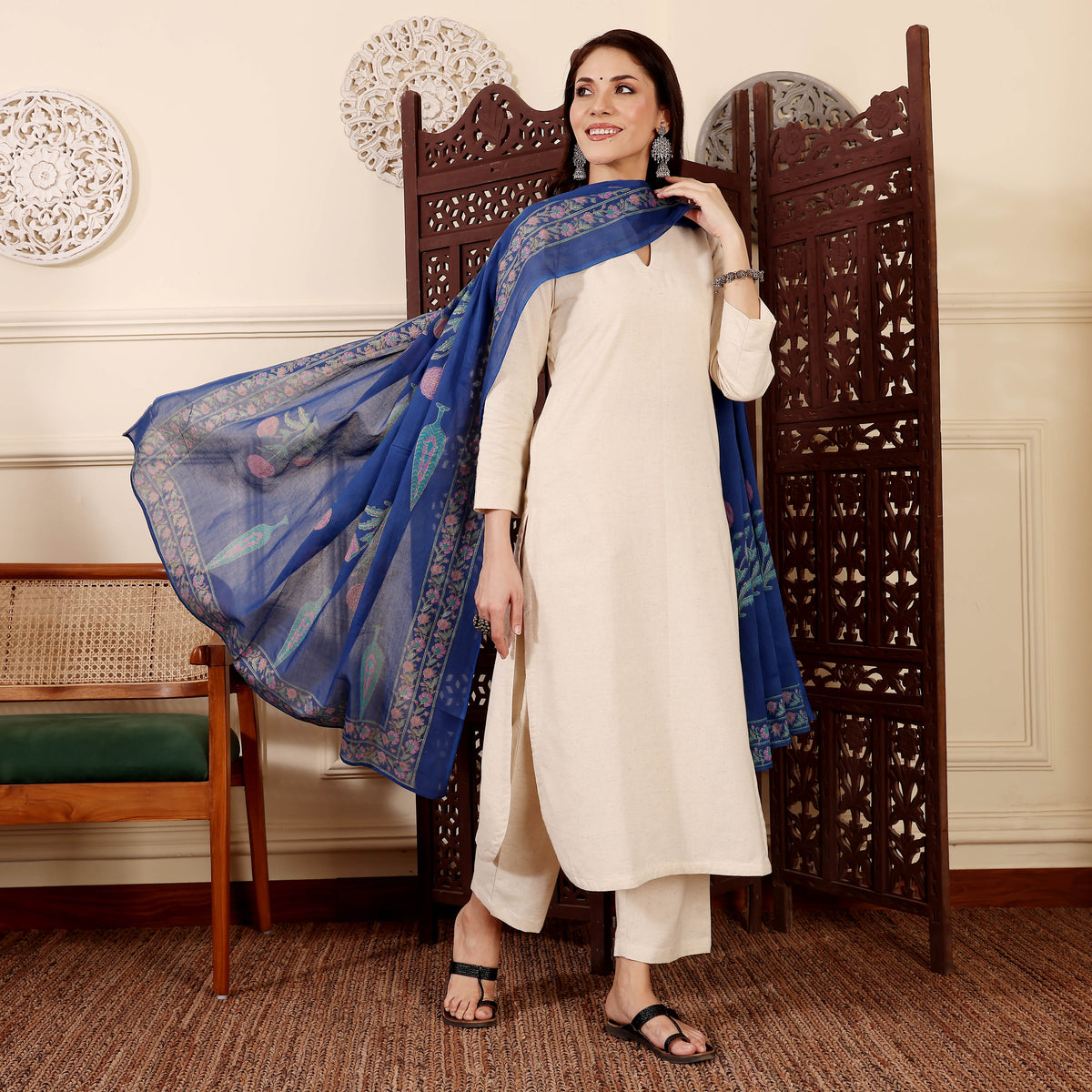 Elegant Cream Straight Kurta with Blue Floral Embroidered Dupatta | Ethnic Wear Set