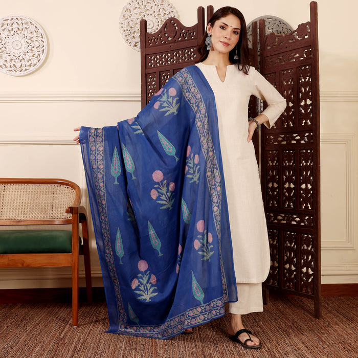 Elegant Cream Straight Kurta with Blue Floral Embroidered Dupatta | Ethnic Wear Set