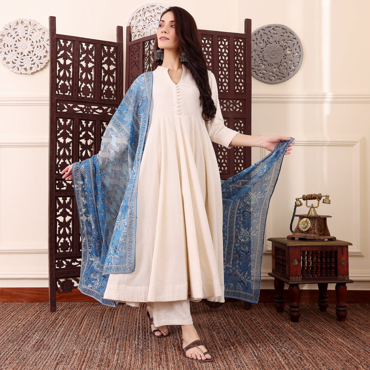 Women’s Cream Anarkali Kurta Pant Set with Blue Printed Dupatta | Elegant Ethnic 3 Piece Suit Setzx
