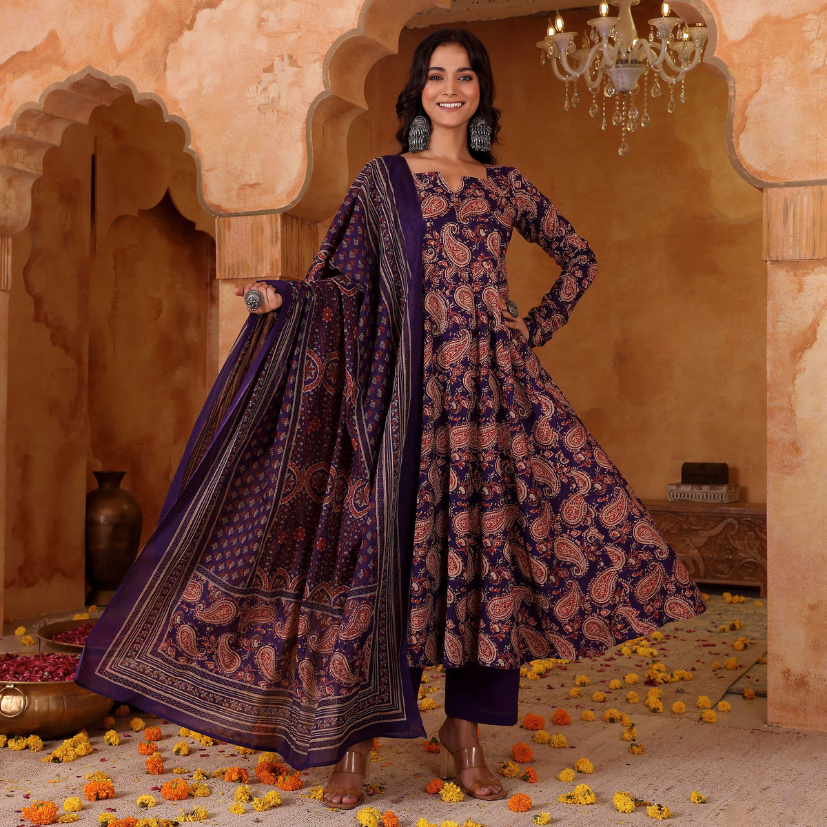 Navy Blue Paisley Printed Anarkali Kurta Pant Dupatta Set for Women