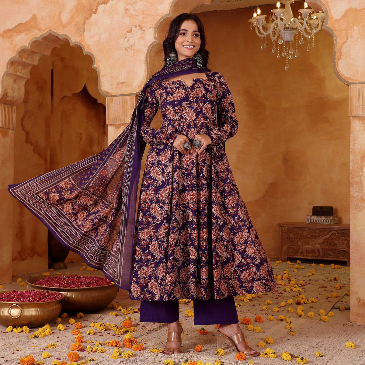 Navy Blue Paisley Printed Anarkali Kurta Pant Dupatta Set for Women