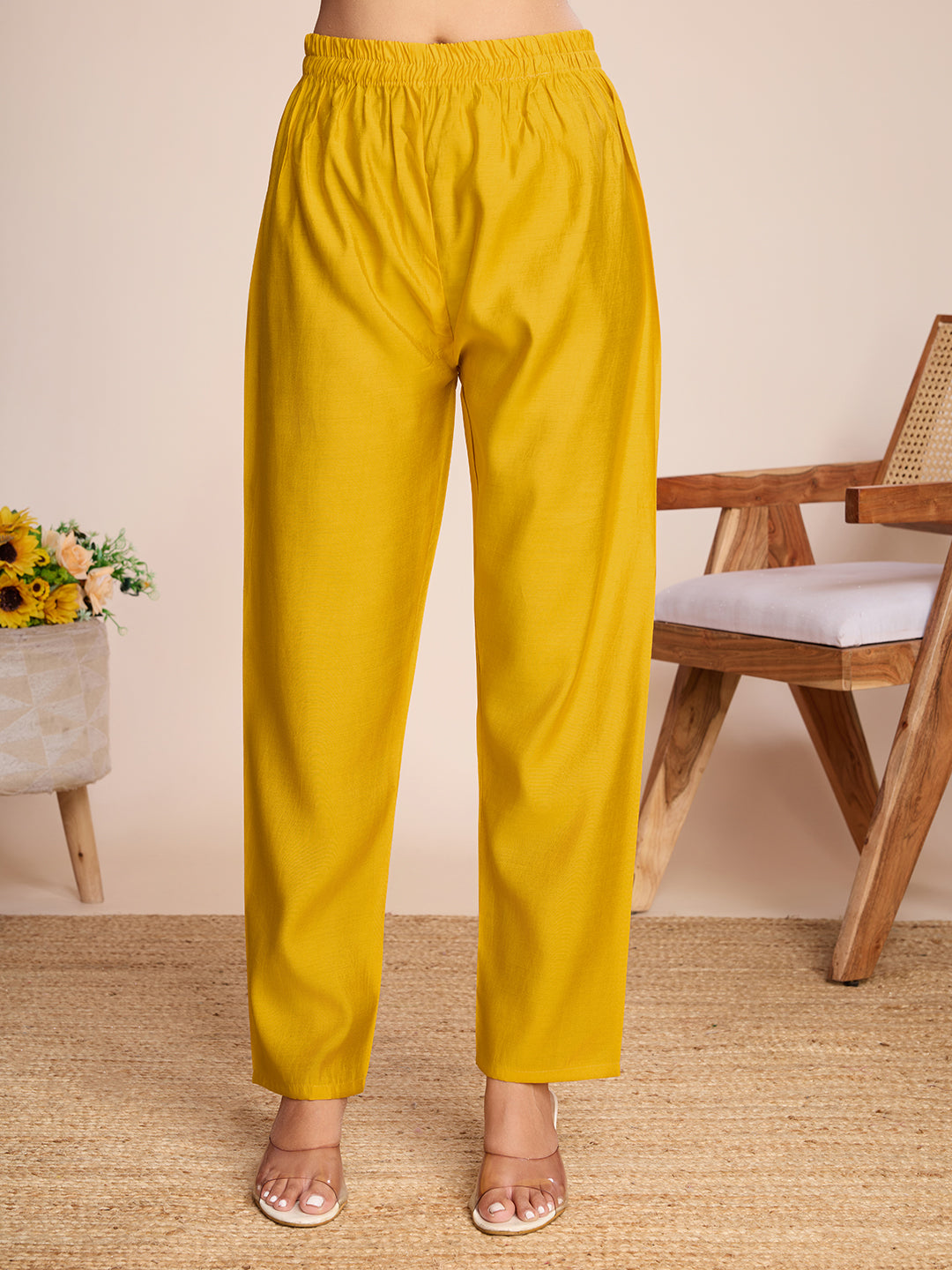 ILARAA Women's Mustard Yellow Embroidered Soft Rayon Slub Kurta Pant Set with Chanderi Cotton Dupatta | Premium Ethnic Wear