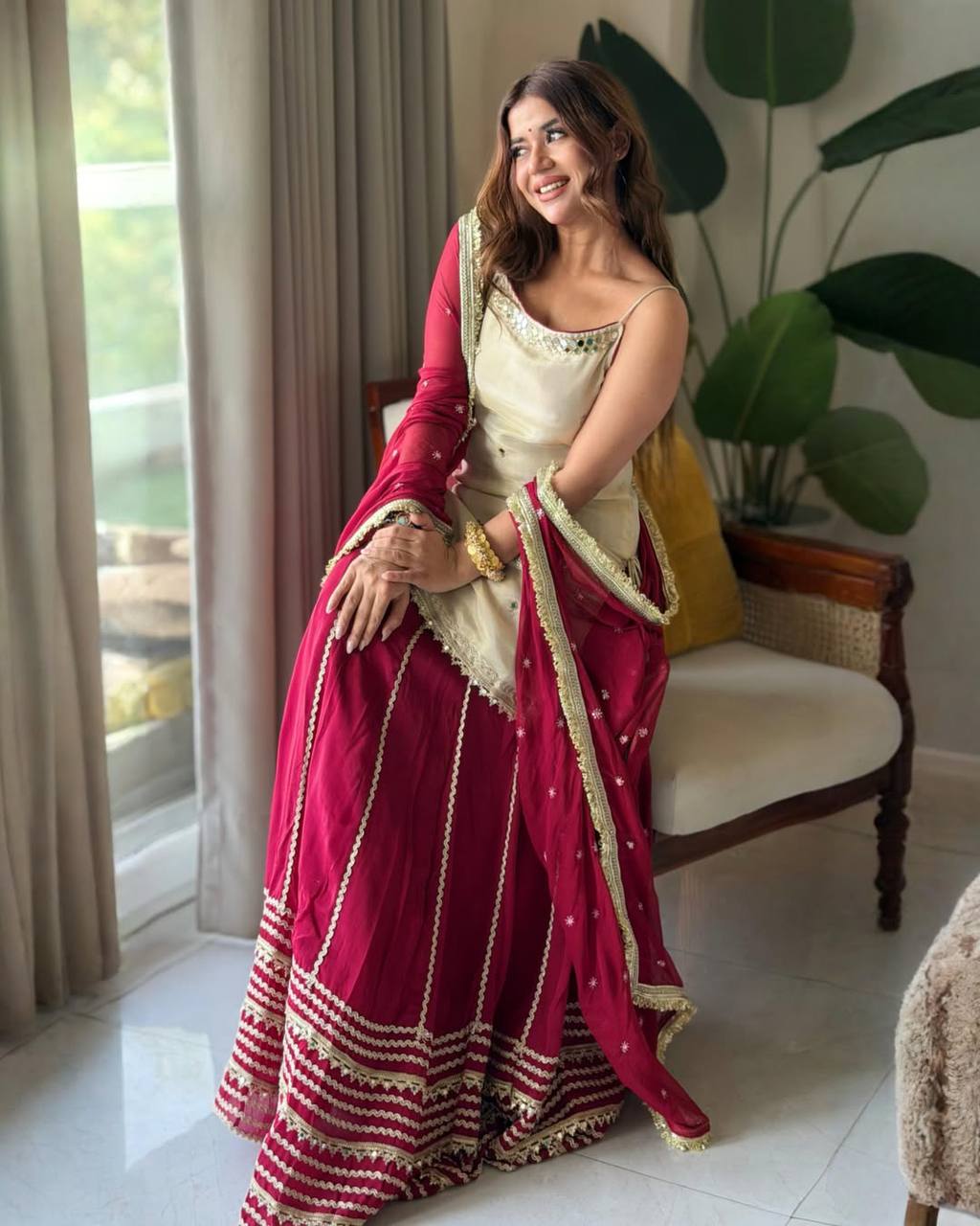 Designer Maroon & Ivory Embroidered Lehenga Choli Set with Dupatta