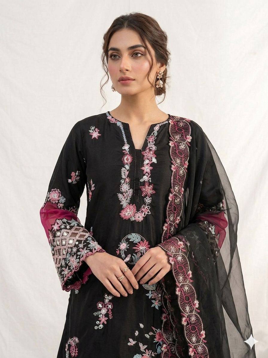 Black Embroidered Pakistani Anarkali Suit with Dupatta