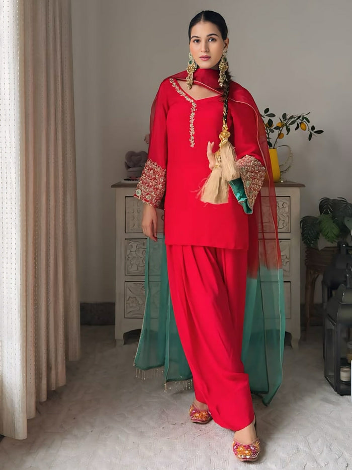 Red Embroidered Kurta Palazzo With Dupatta Set for Women