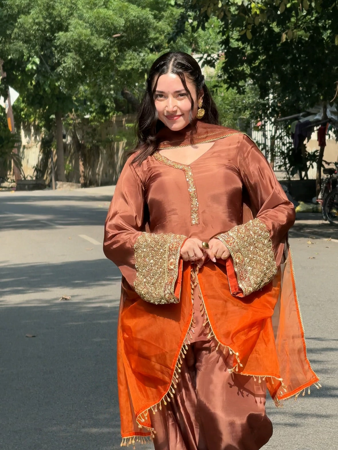 Women’s Brown Embroidered Kurta Pant Set with Orange Dupatta | Festive Ethnic Wear