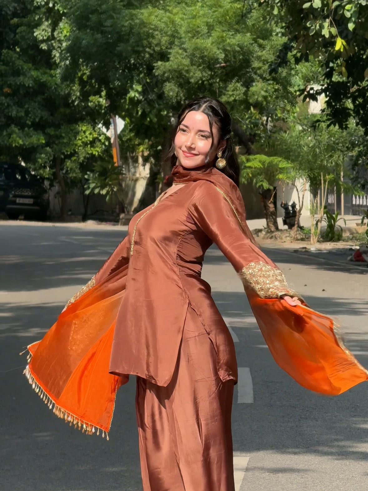 Women’s Brown Embroidered Kurta Pant Set with Orange Dupatta | Festive Ethnic Wear