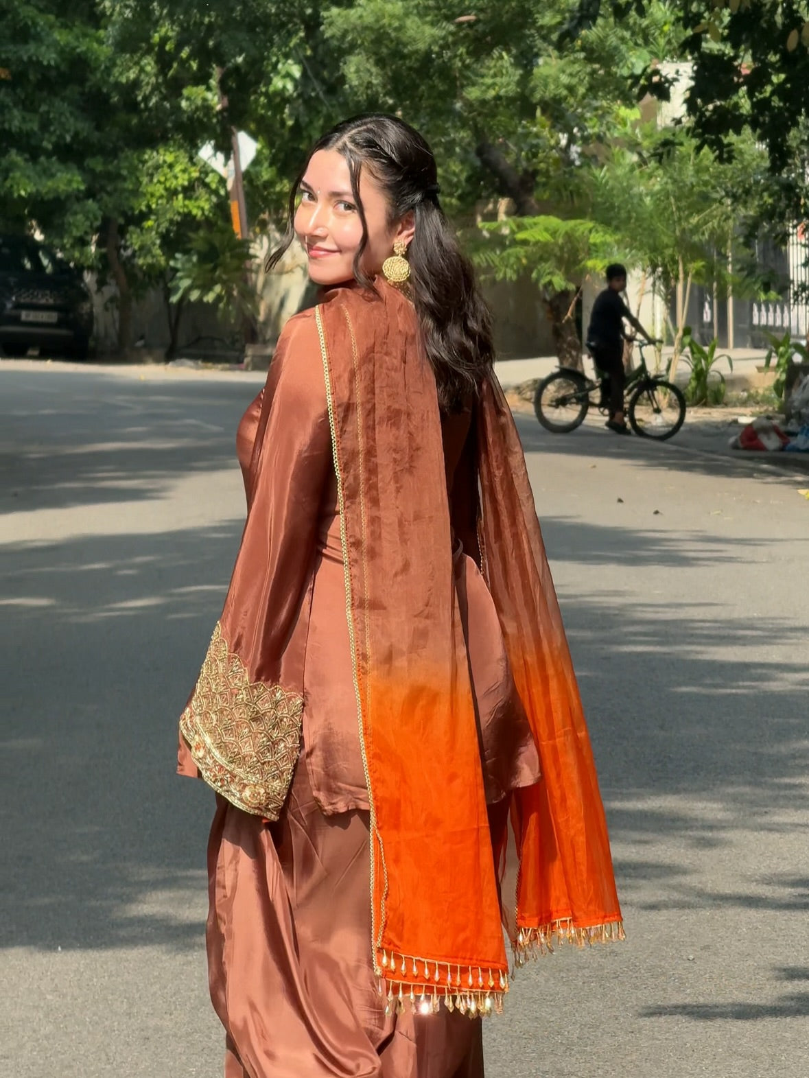 Women’s Brown Embroidered Kurta Pant Set with Orange Dupatta | Festive Ethnic Wear