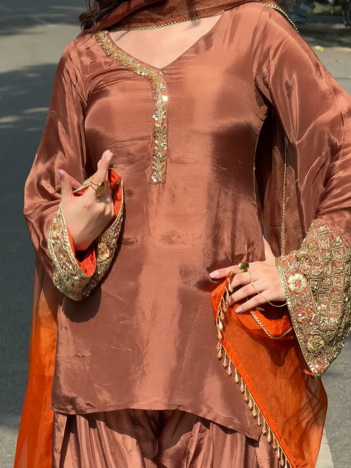 Women’s Brown Embroidered Kurta Pant Set with Orange Dupatta | Festive Ethnic Wear