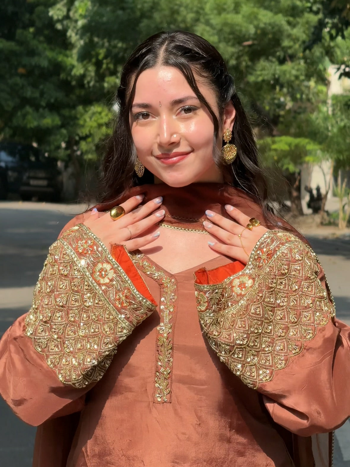 Women’s Brown Embroidered Kurta Pant Set with Orange Dupatta | Festive Ethnic Wear