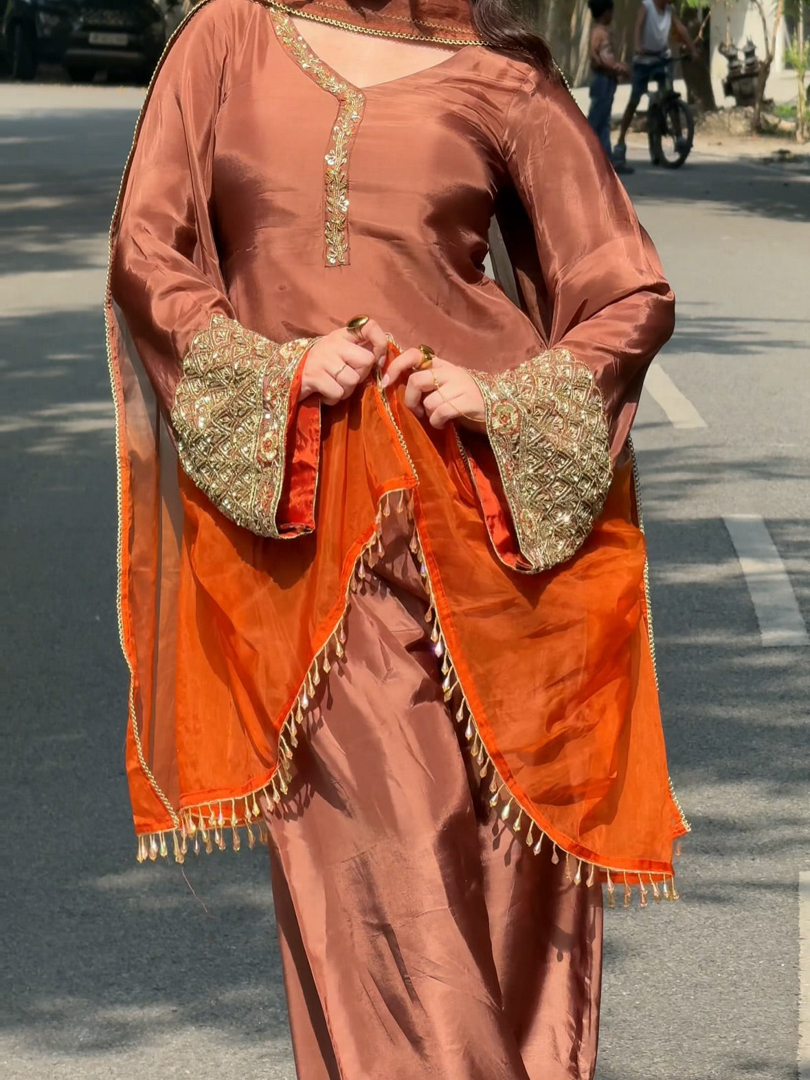 Women’s Brown Embroidered Kurta Pant Set with Orange Dupatta | Festive Ethnic Wear