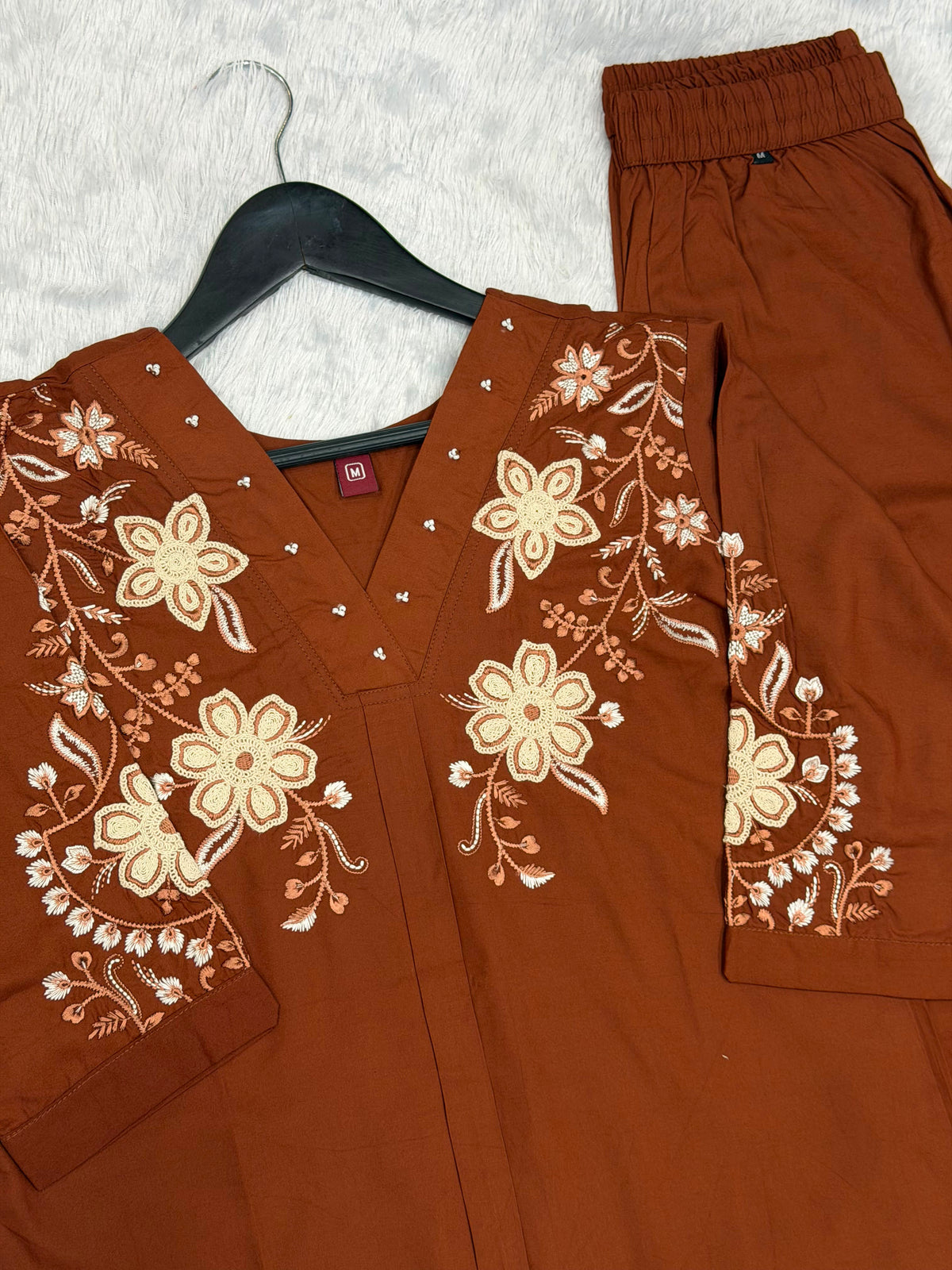 Floral Embroidered V-Neck Kurta Pant Co-Ord Set for Women