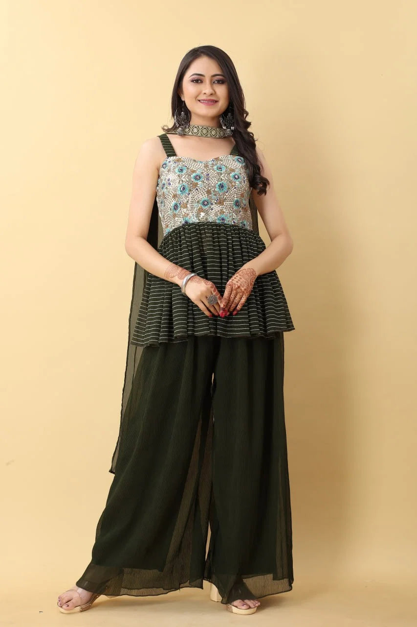 Designer Olive Green Peplum Sharara Set with Printed Bodice & Dupatta