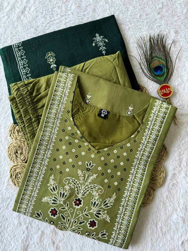 Women's Olive Green Embroidered Cotton Kurta Pant Dupatta Set | Ethnic 3 Piece Suit