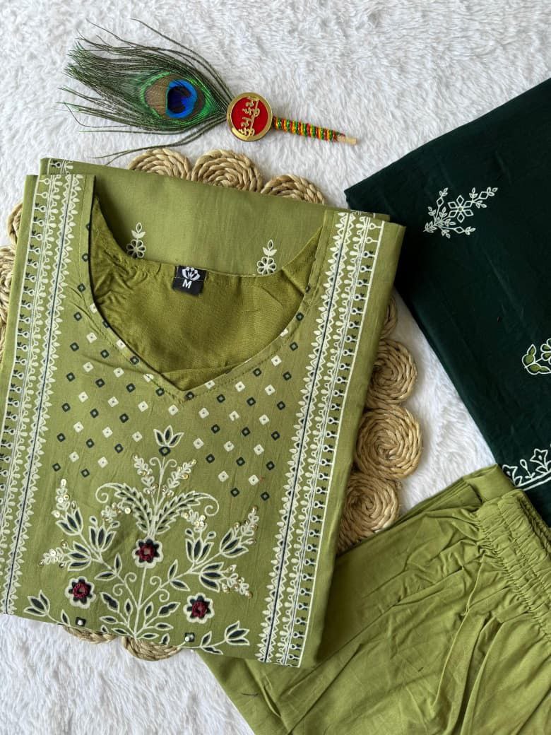 Women's Olive Green Embroidered Cotton Kurta Pant Dupatta Set | Ethnic 3 Piece Suit