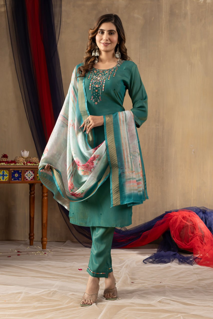 Women's Dusty Rose Embroidered Kurta Set with Floral Dupatta | Premium Ethnic Wear