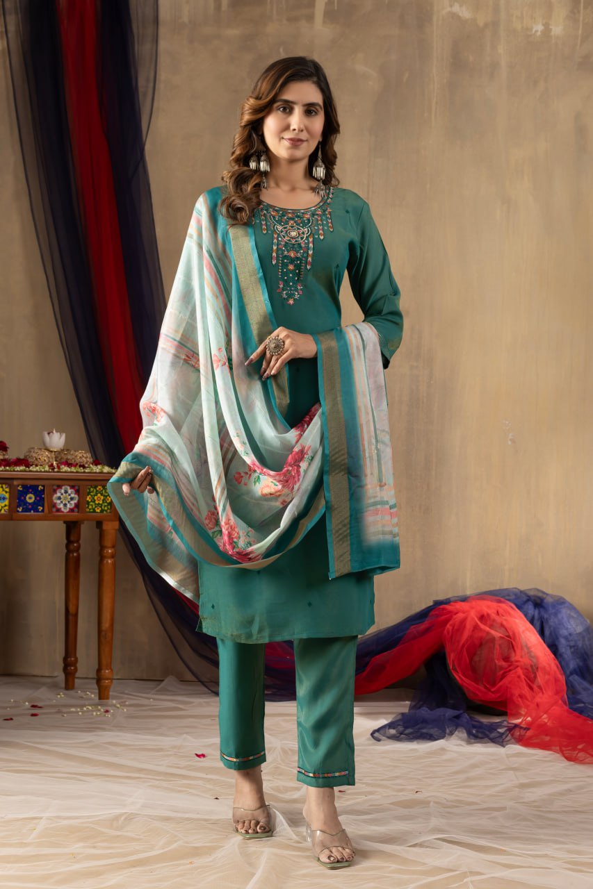 Women's Dusty Rose Embroidered Kurta Set with Floral Dupatta | Premium Ethnic Wear