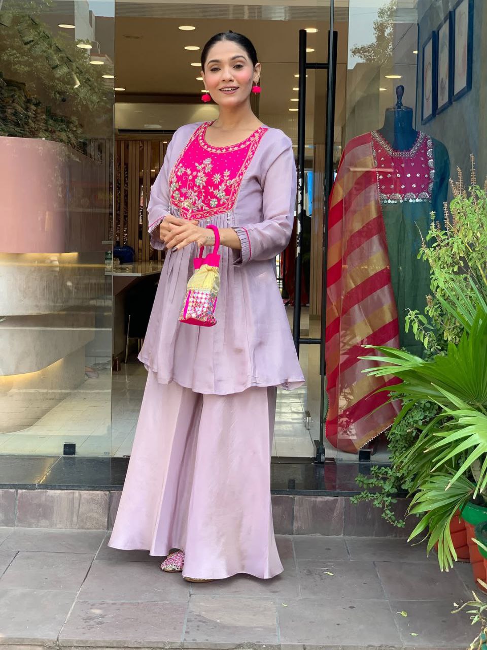 Women's Lavender Embroidered Peplum Kurta with Palazzo Set | Ethnic Party & Festive Wear